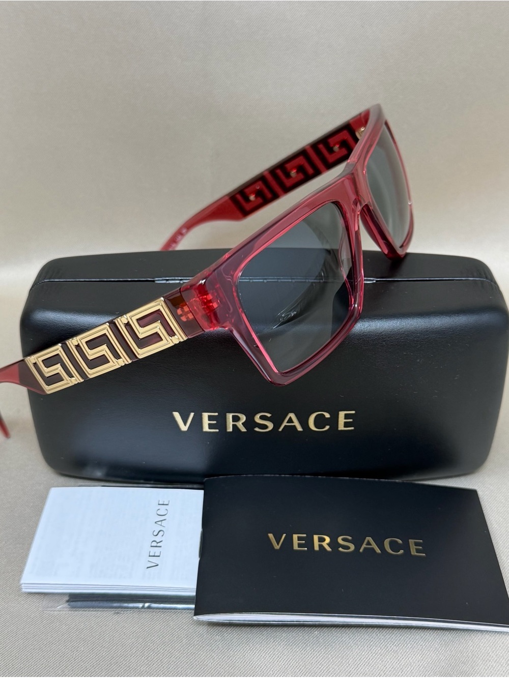 Versace VE4445 Translucent Red Greca Sunglasses Case Italy